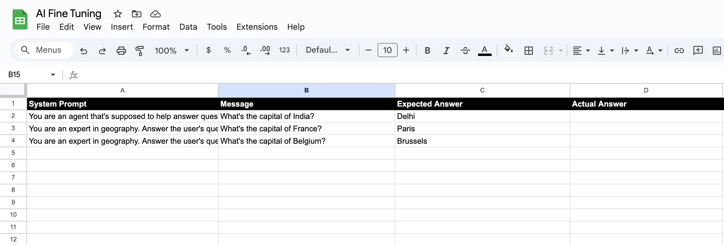 Google Sheet setup with system prompts and test messages