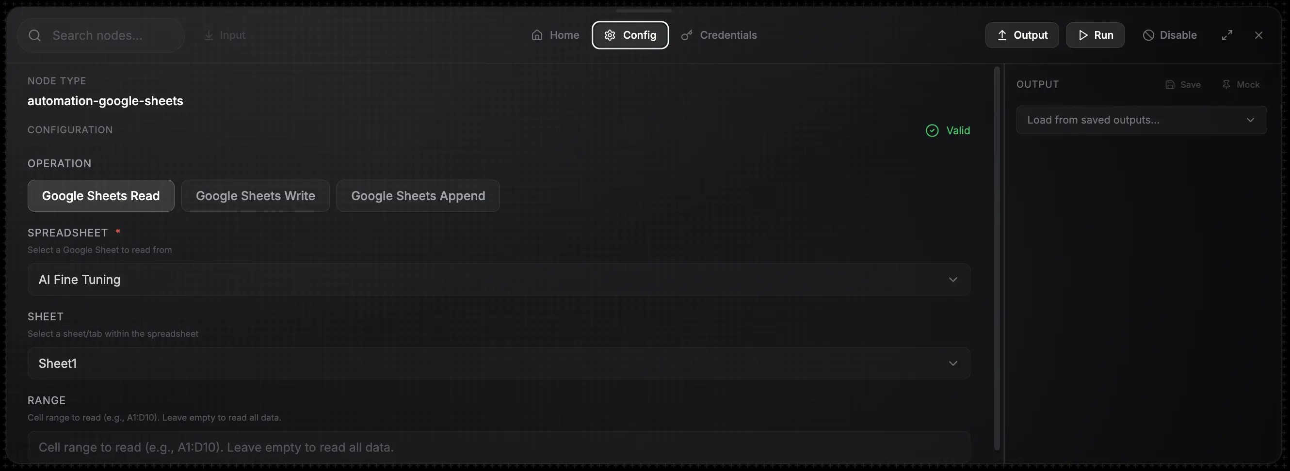Sheet node configuration panel